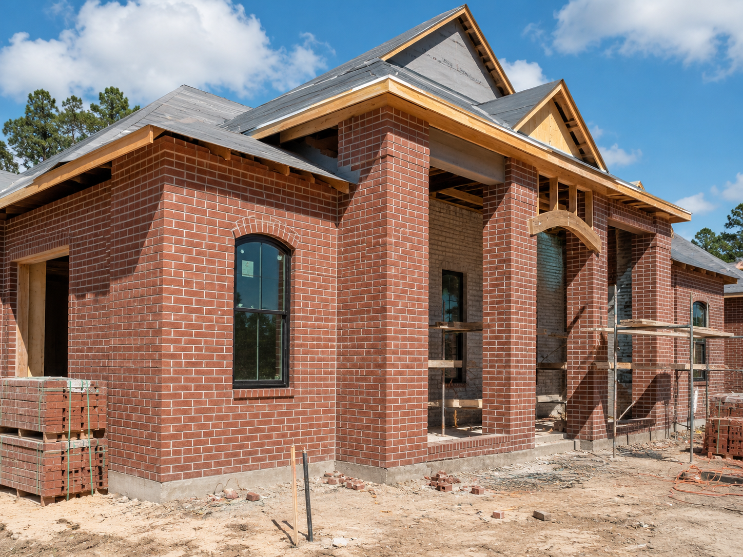 New construction brick masonry home under construction